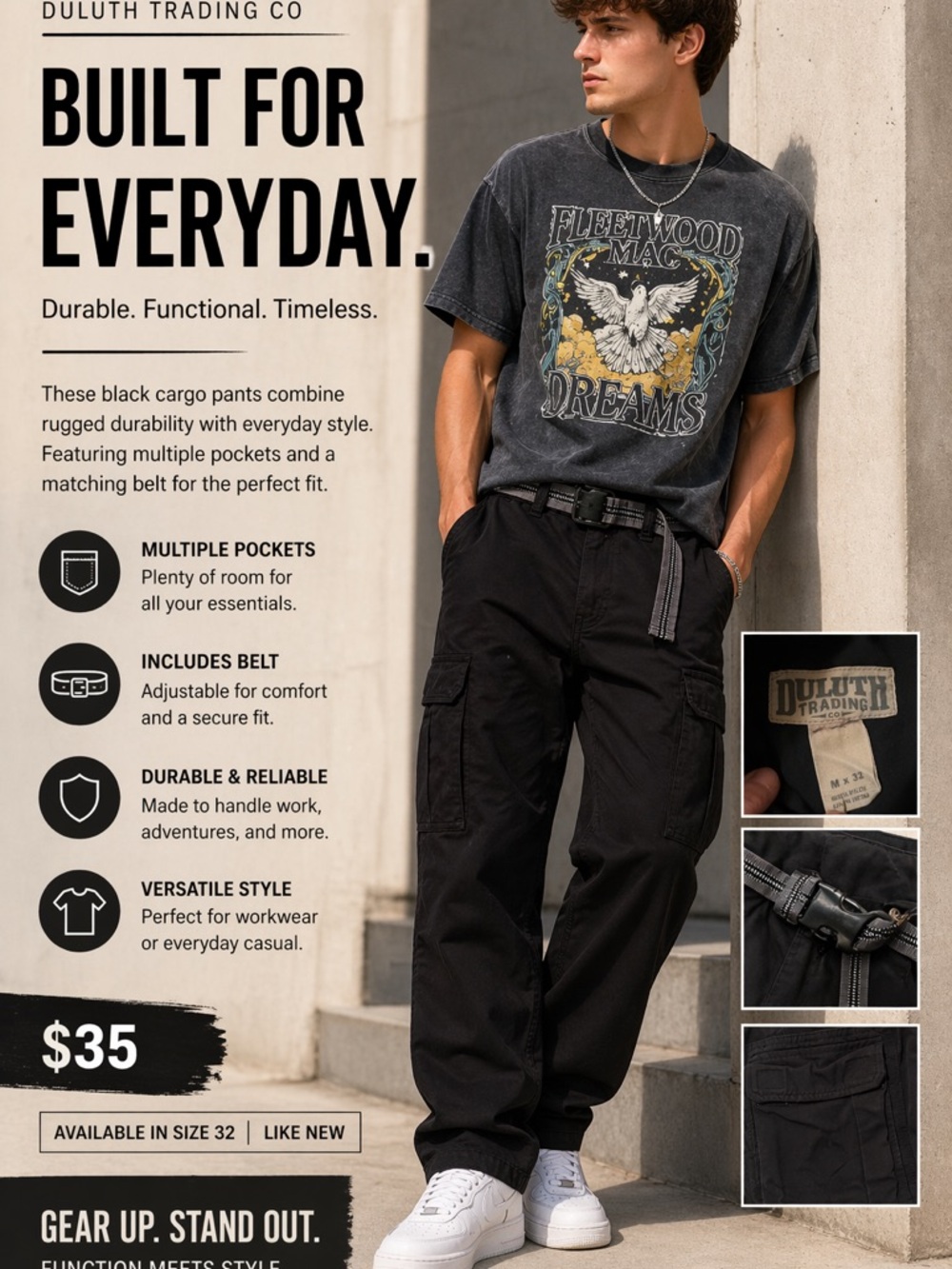 Duluth Trading Co Black Cargo Pants with Belt